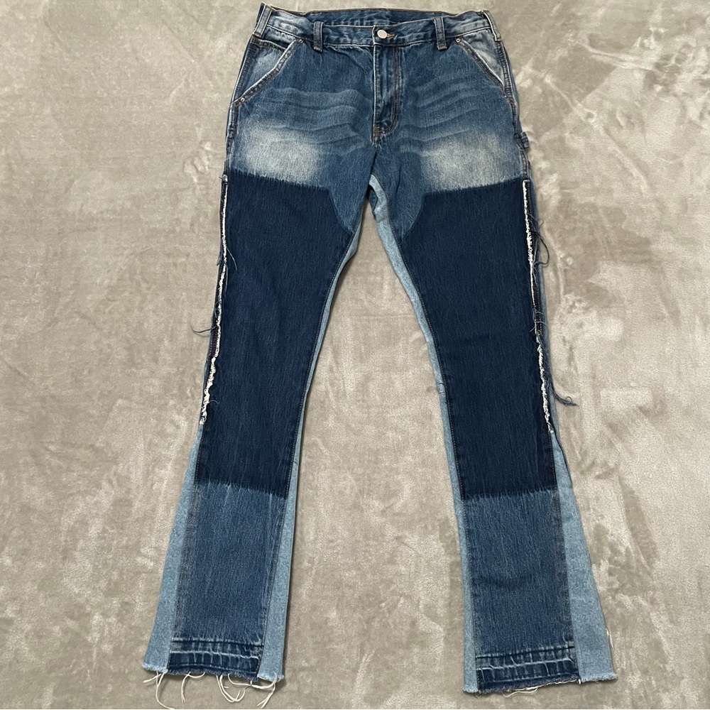 MNML Patchwork Flare Jeans Retro Wide Leg Distressed Streetwear Denim Size 30